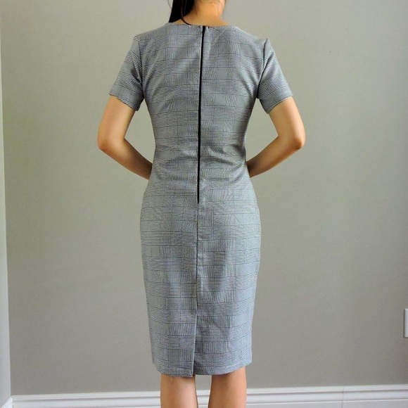NWOT Cefian Grey Plaid-pattern Business V-Neck Pencil Dress w/ Short Sleeves - Picture 6 of 9